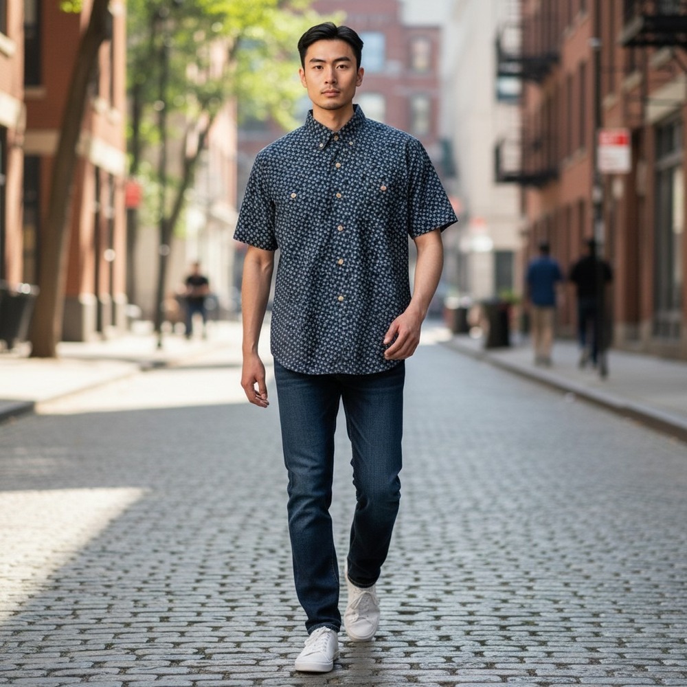 johnnie-O Hangin' Out Shirt Medium Navy Blue‎ Linen Blend Paisley Short Sleeve